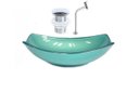 Ver imagem 1 de CUBA DE VIDRO OVAL CHANFRADA 46CM VERDE + VALVULA CLICK + TORNEIRA METAL