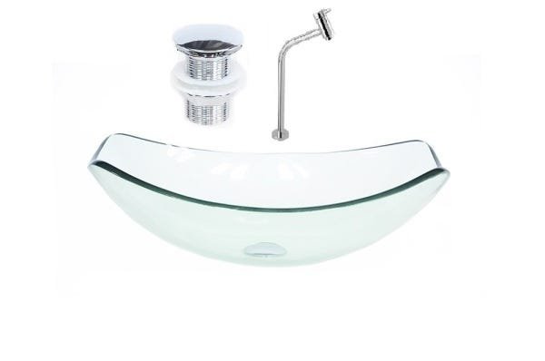 CUBA DE VIDRO OVAL CHANFRADA 46CM JATEADO + VALVULA CLICK + TORNEIRA METAL - 1