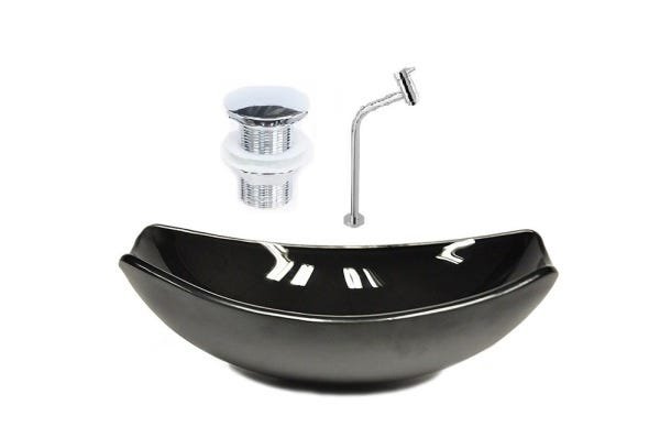 CUBA DE VIDRO OVAL CHANFRADA 46CM PRETA + VALVULA CLICK + TORNEIRA METAL - 1