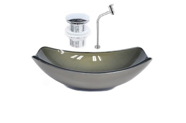 CUBA DE VIDRO OVAL CHANFRADA 46CM OURO ENVELHECIDO + VALVULA CLICK + TORNEIRA METAL - 1
