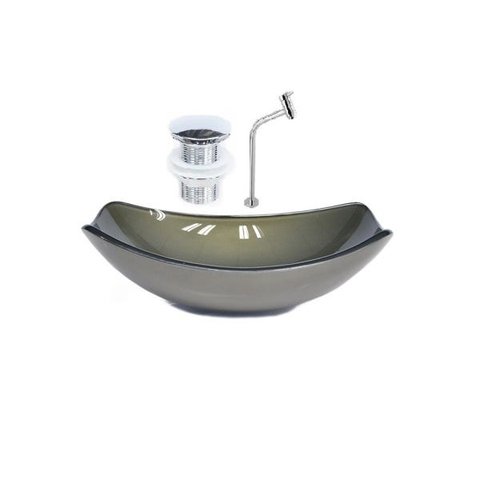 CUBA DE VIDRO OVAL CHANFRADA 46CM OURO ENVELHECIDO + VALVULA CLICK + TORNEIRA METAL