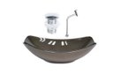 Ver imagem 1 de CUBA DE VIDRO OVAL CHANFRADA 46CM MARROM + VALVULA CLICK + TORNEIRA METAL