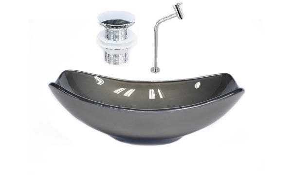 CUBA DE VIDRO OVAL CHANFRADA 46CM GRAFITE + VALVULA CLICK + TORNEIRA METAL - 1