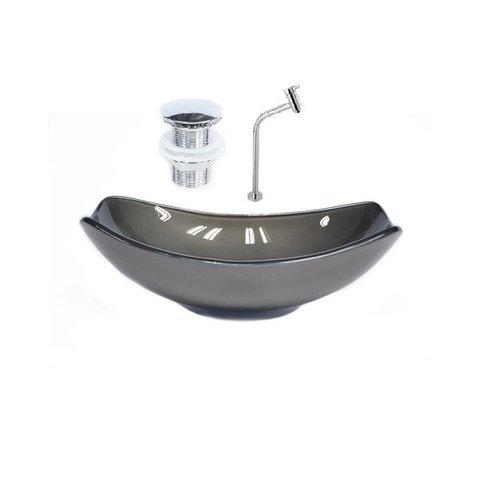 CUBA DE VIDRO OVAL CHANFRADA 46CM GRAFITE + VALVULA CLICK + TORNEIRA METAL