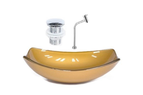 CUBA DE VIDRO OVAL CHANFRADA 46CM DOURADO REAL + VALVULA CLICK + TORNEIRA METAL - 1