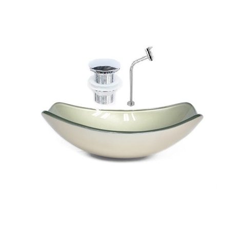 CUBA DE VIDRO OVAL CHANFRADA 46CM CHAMPANHE + VALVULA CLICK + TORNEIRA METAL