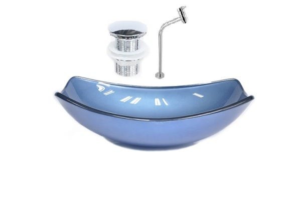 CUBA DE VIDRO OVAL CHANFRADA 46CM AZUL + VALVULA CLICK + TORNEIRA METAL - 1