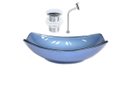 Ver imagem 1 de CUBA DE VIDRO OVAL CHANFRADA 46CM AZUL + VALVULA CLICK + TORNEIRA METAL