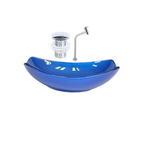 CUBA DE VIDRO OVAL CHANFRADA 46CM AZUL ESCURO + VALVULA CLICK + TORNEIRA METAL