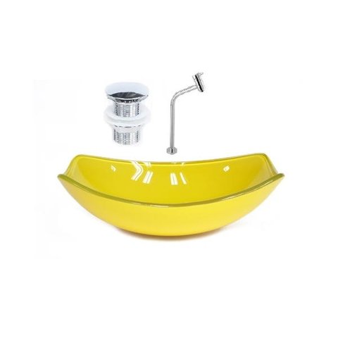 CUBA DE VIDRO OVAL CHANFRADA 46CM AMARELA + VALVULA CLICK + TORNEIRA METAL