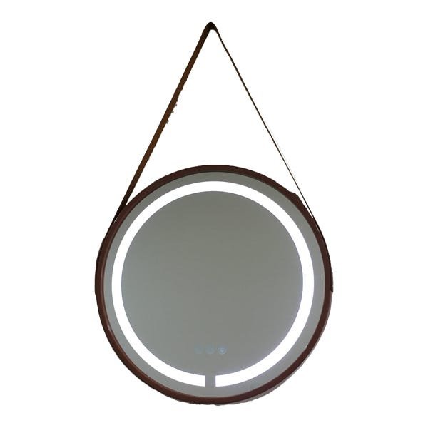 Espelho LED Redondo com Alça de Couro Adnet Marrom 45cm - 1