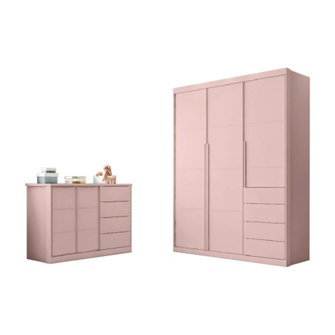 Kit Quarto Infantil Bebê Perola Cômoda 4 Gavetas 2 Portas e Guarda Roupa 3 Portas 4 Gavetas Rosa - P