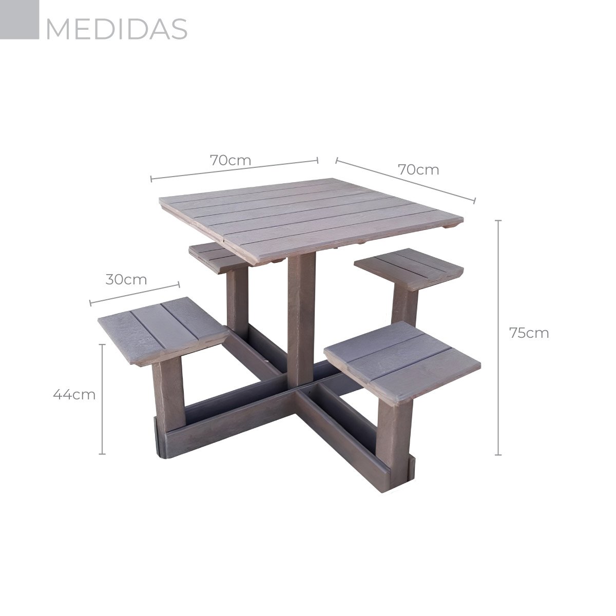 MESA QUADRADA EM MADEIRA PLÁSTICA MACIÇA MARROM COM 04 BANCOS ACOPLADOS 100% RECICLADA 1,5M / LC-08  - 3