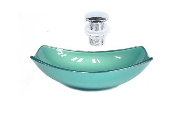 CUBA DE VIDRO OVAL CHANFRADA 46CM VERDE + VALVULA CLICK - 1