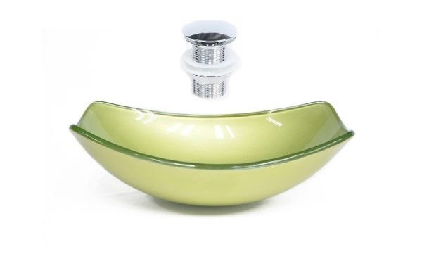 CUBA DE VIDRO OVAL CHANFRADA 46CM VERDE OLIVA + VALVULA CLICK - 1