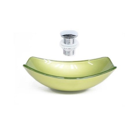CUBA DE VIDRO OVAL CHANFRADA 46CM VERDE OLIVA + VALVULA CLICK