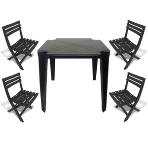 Mesa de Plástico Quadrada 70cm Preta + 4 Cadeiras Dobráveis