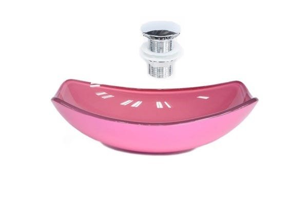 CUBA DE VIDRO OVAL CHANFRADA 46CM ROSA + VALVULA CLICK - 1