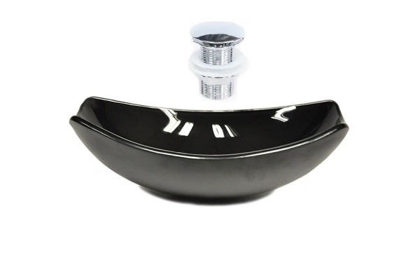 CUBA DE VIDRO OVAL CHANFRADA 46CM PRETA + VALVULA CLICK - 1