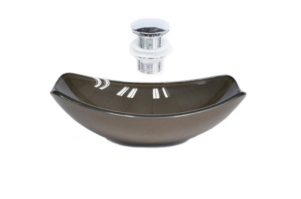 CUBA DE VIDRO OVAL CHANFRADA 46CM MARROM + VALVULA CLICK - 1
