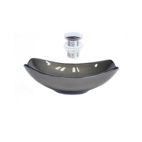 CUBA DE VIDRO OVAL CHANFRADA 46CM GRAFITE + VALVULA CLICK