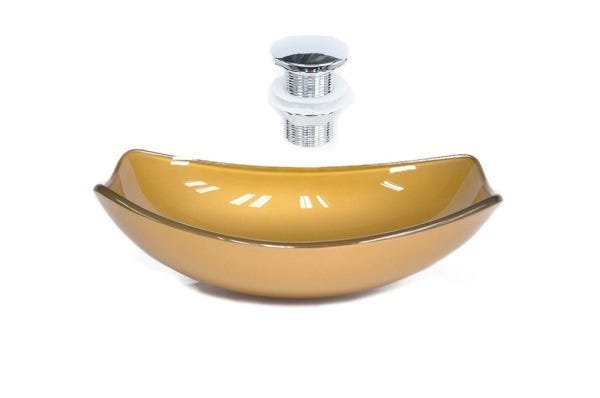 CUBA DE VIDRO OVAL CHANFRADA 46CM DOURADO REAL + VALVULA CLICK - 1