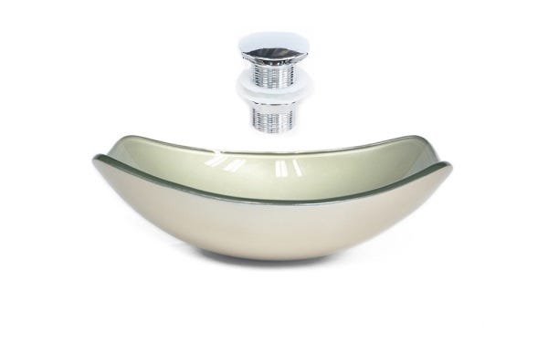CUBA DE VIDRO OVAL CHANFRADA 46CM CHAMPANHE + VALVULA CLICK - 1