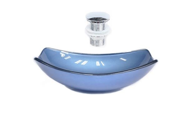 CUBA DE VIDRO OVAL CHANFRADA 46CM AZUL + VALVULA CLICK - 1