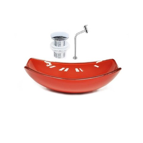 CUBA DE VIDRO OVAL CHANFRADA 51CM VERMELHO FERRARI + VALVULA CLICK + TORNEIRA METAL