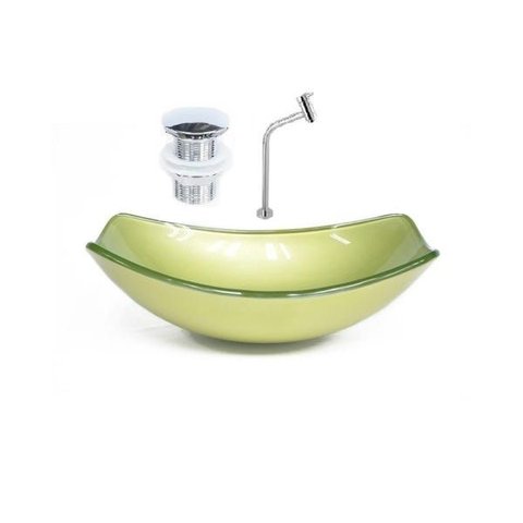 Cuba de Vidro Oval Chanfrada 51cm Verde Oliva + Valvula Click + Torneira Metal