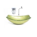 Ver imagem 1 de Cuba de Vidro Oval Chanfrada 51cm Verde Oliva + Valvula Click + Torneira Metal