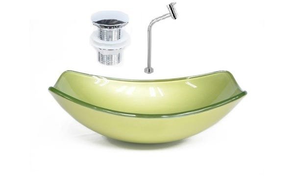 CUBA DE VIDRO OVAL CHANFRADA 51CM VERDE OLIVA + VALVULA CLICK + TORNEIRA METAL - 1