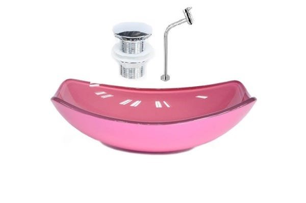 CUBA DE VIDRO OVAL CHANFRADA 51CM ROSA + VALVULA CLICK + TORNEIRA METAL - 1