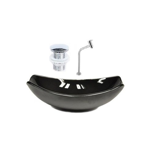 CUBA DE VIDRO OVAL CHANFRADA 51CM PRETA + VALVULA CLICK + TORNEIRA METAL