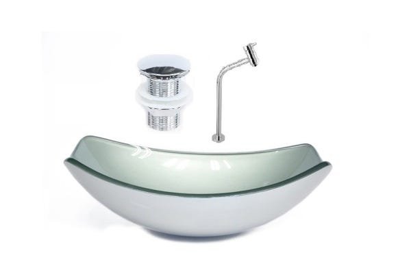 CUBA DE VIDRO OVAL CHANFRADA 51CM PRATA + VALVULA CLICK + TORNEIRA METAL - 1