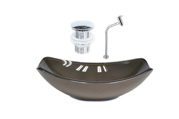 CUBA DE VIDRO OVAL CHANFRADA 51CM MARROM + VALVULA CLICK + TORNEIRA METAL - 1