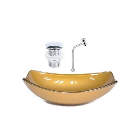 Cuba de Vidro Oval Chanfrada 51cm Dourado Real + Valvula Click + Torneira Metal