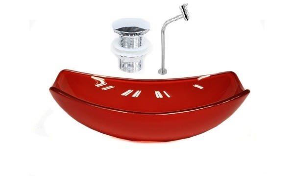 CUBA DE VIDRO OVAL CHANFRADA 51CM VERMELHO CEREJA + VALVULA CLICK + TORNEIRA METAL - 1