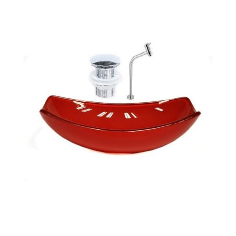 CUBA DE VIDRO OVAL CHANFRADA 51CM VERMELHO CEREJA + VALVULA CLICK + TORNEIRA METAL
