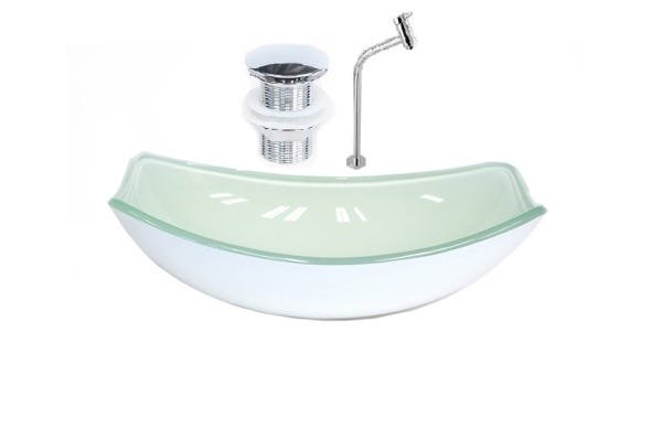 CUBA DE VIDRO OVAL CHANFRADA 51CM BRANCA + VALVULA CLICK + TORNEIRA METAL - 1
