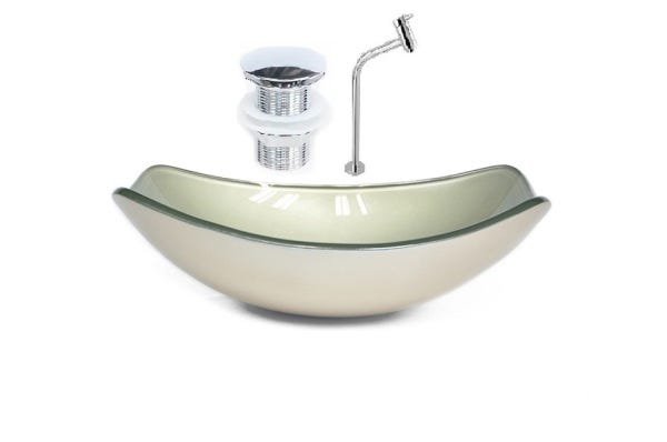 CUBA DE VIDRO OVAL CHANFRADA 51CM CHAMPANHE + VALVULA CLICK + TORNEIRA METAL - 1