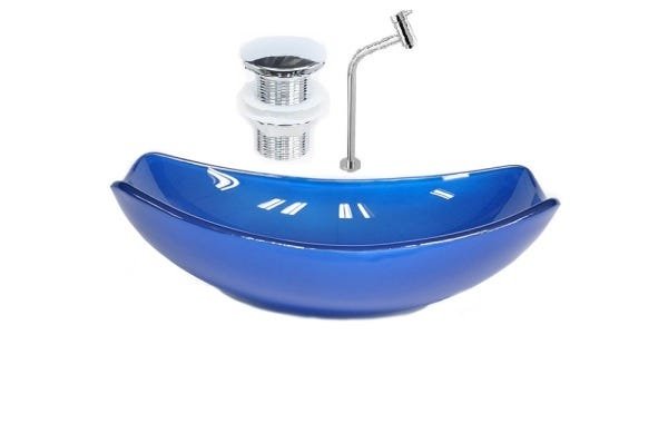 CUBA DE VIDRO OVAL CHANFRADA 51CM AZUL ESCURO + VALVULA CLICK + TORNEIRA METAL - 1