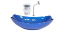 Ver imagem 1 de CUBA DE VIDRO OVAL CHANFRADA 51CM AZUL ESCURO + VALVULA CLICK + TORNEIRA METAL