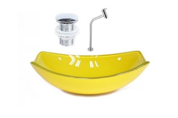 CUBA DE VIDRO OVAL CHANFRADA 51CM AMARELA + VALVULA CLICK + TORNEIRA METAL - 1