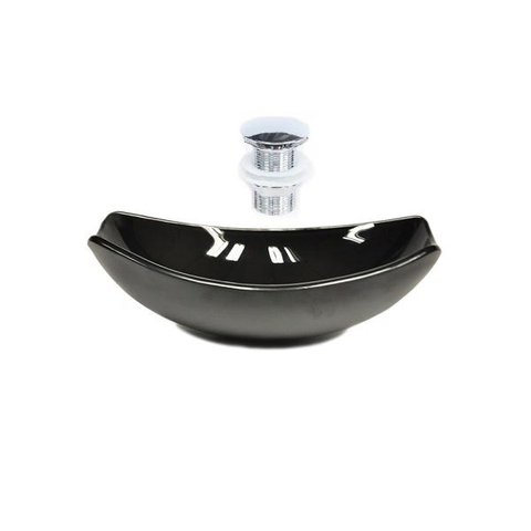 CUBA DE VIDRO OVAL CHANFRADA 51CM PRETA + VALVULA CLICK