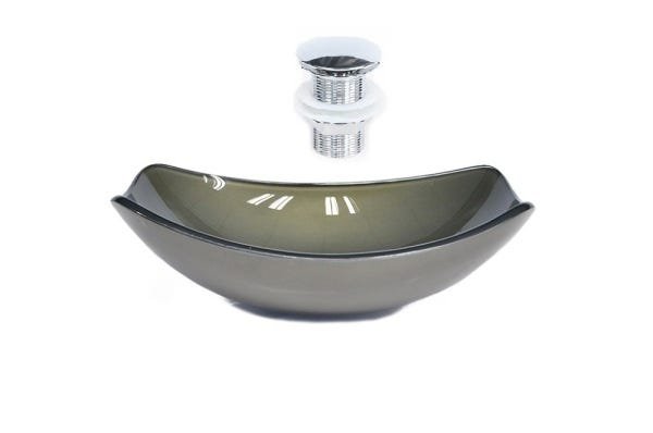 CUBA DE VIDRO OVAL CHANFRADA 51CM OURO ENVELHECIDO + VALVULA CLICK - 1