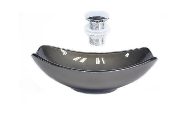 CUBA DE VIDRO OVAL CHANFRADA 51CM GRAFITE + VALVULA CLICK - 1