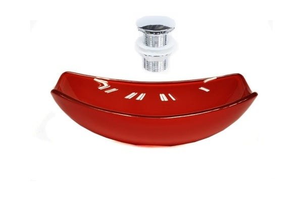 CUBA DE VIDRO OVAL CHANFRADA 51CM VERMELHO CEREJA + VALVULA CLICK - 1