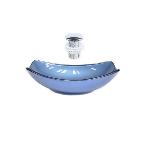 CUBA DE VIDRO OVAL CHANFRADA 51CM AZUL + VALVULA CLICK