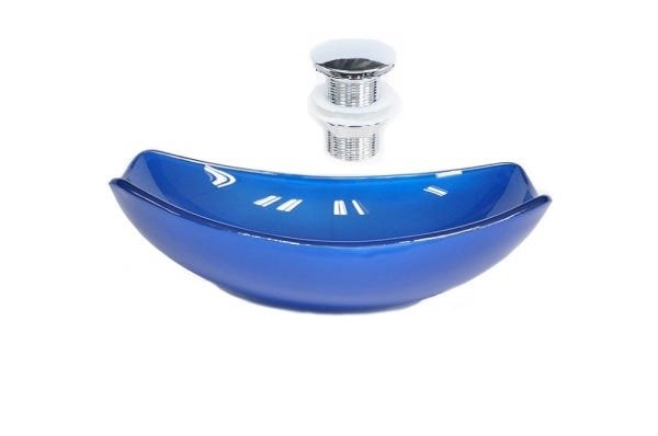 CUBA DE VIDRO OVAL CHANFRADA 51CM AZUL ESCURO + VALVULA CLICK - 1